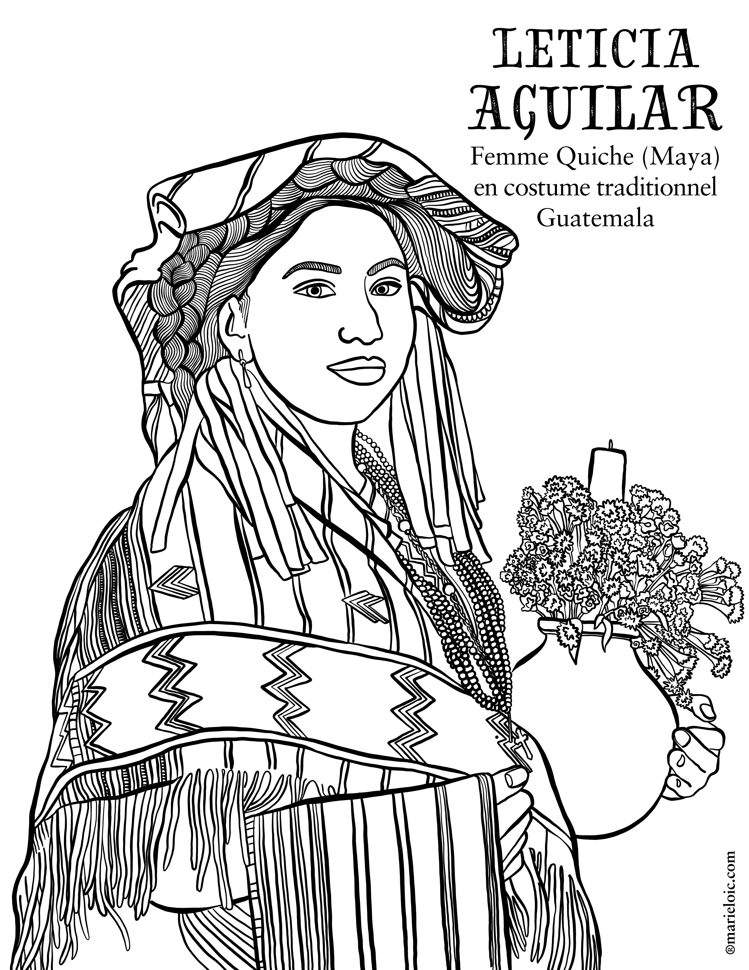 dessin a colorier d une femme quiche maya en costume traditionnel marie loic senamaud coloriage 3 femmes